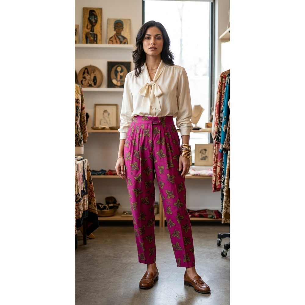 Diane Von Furstenberg Trousers Womens 8 Magenta Leaf Print Vintage Rayon